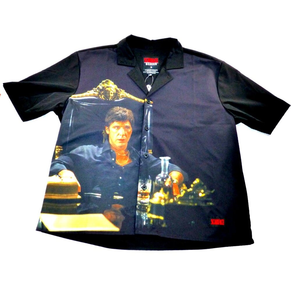 Reason Scarface Men Shirt Large Black Tony Montana Graphic Movie Button Up NWT